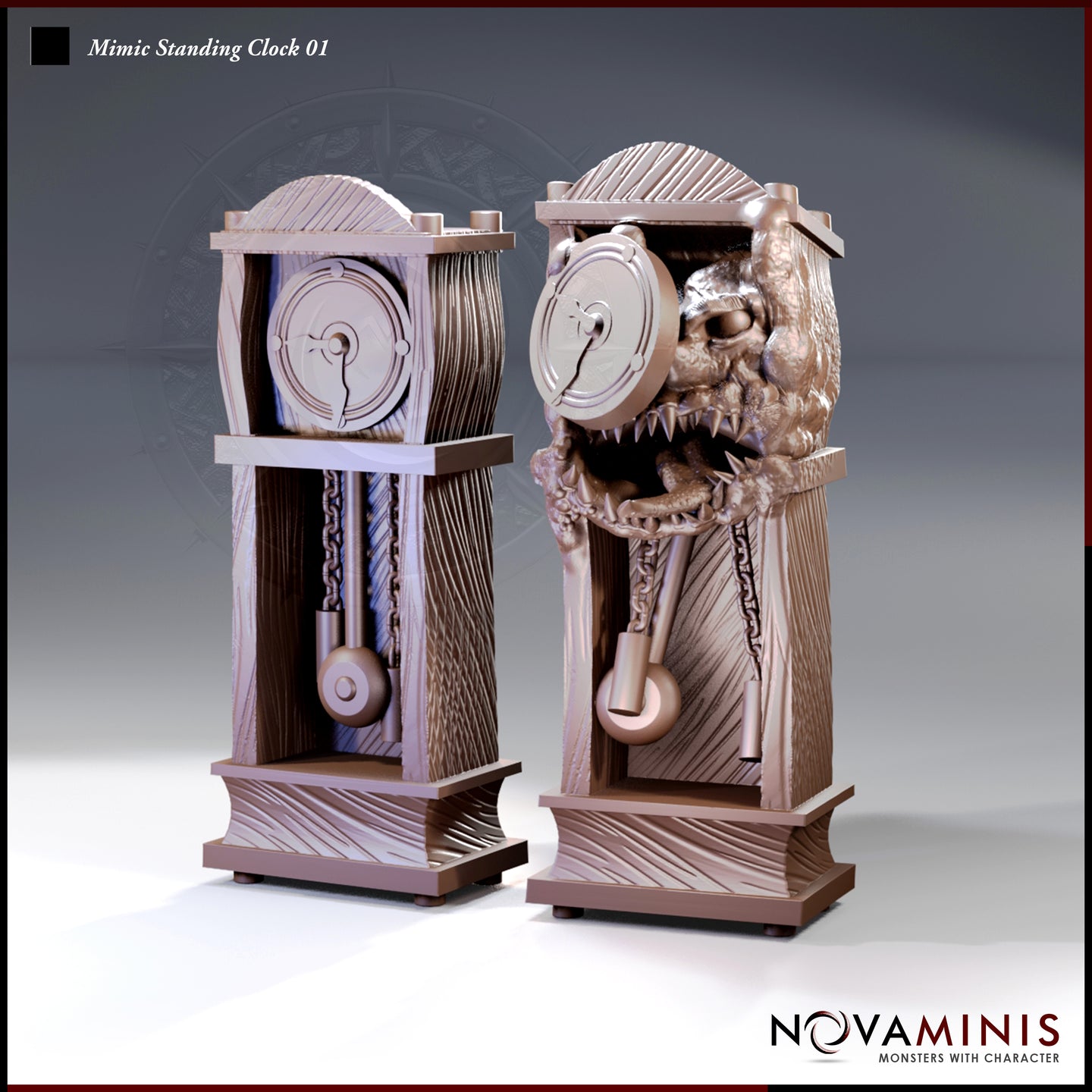 Novaminis Mimic Standing Clock 01 — two states side by side: left shows a convincing grandfather clock with wood-grain panels, pendulum, and clock face; right shows the same form split open revealing a fanged maw, glaring eyes, and a grasping tongue.