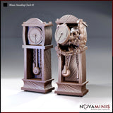 Novaminis Mimic Standing Clock 01 — two states side by side: left shows a convincing grandfather clock with wood-grain panels, pendulum, and clock face; right shows the same form split open revealing a fanged maw, glaring eyes, and a grasping tongue.