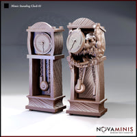Novaminis Mimic Standing Clock 01 — two states side by side: left shows a convincing grandfather clock with wood-grain panels, pendulum, and clock face; right shows the same form split open revealing a fanged maw, glaring eyes, and a grasping tongue.