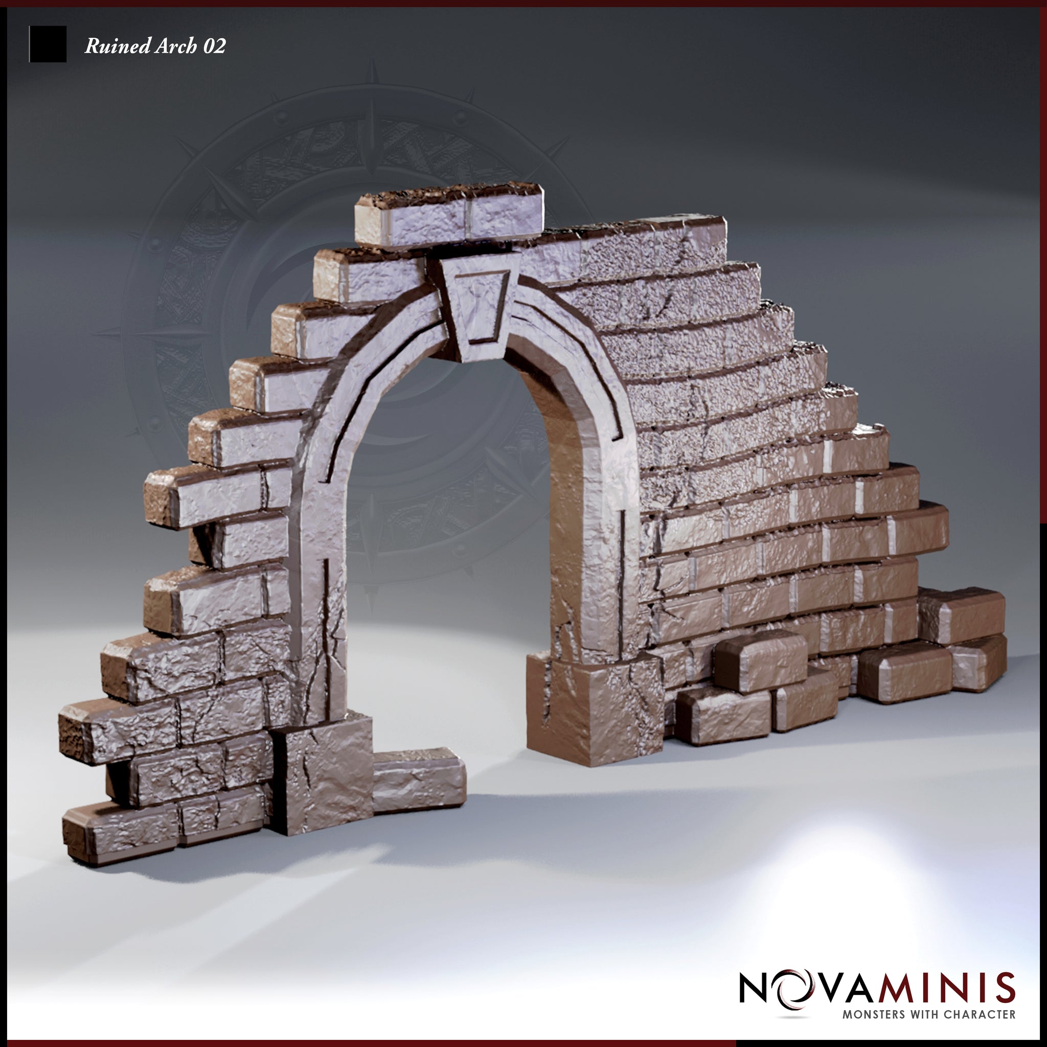 Novaminis Ruined Arch 02 — a crumbling gothic stone arch with a carved keystone, flanked by two uneven sections of stepped, heavily textured brickwork in varying states of collapse.