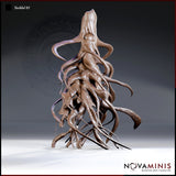 Yochlol 01 by Novaminis — a writhing fiend with dozens of sinuous tentacles erupting from a central mass, trailing downward into a tangled nest of limbs, with a hollow elongated head stretching upward.