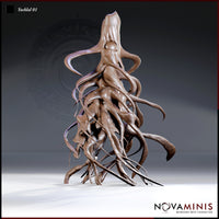 Yochlol 01 by Novaminis — a writhing fiend with dozens of sinuous tentacles erupting from a central mass, trailing downward into a tangled nest of limbs, with a hollow elongated head stretching upward.