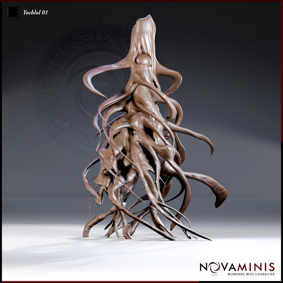 Yochlol 01 by Novaminis — a writhing fiend with dozens of sinuous tentacles erupting from a central mass, trailing downward into a tangled nest of limbs, with a hollow elongated head stretching upward.