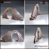 Novaminis Ruined Arch 02 shown from four angles — the arch gateway with deeply cracked brickwork, the asymmetric wall sections visible from side and rear, revealing the full extent of the collapsed stonework.