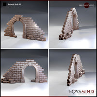 Novaminis Ruined Arch 02 shown from four angles — the arch gateway with deeply cracked brickwork, the asymmetric wall sections visible from side and rear, revealing the full extent of the collapsed stonework.