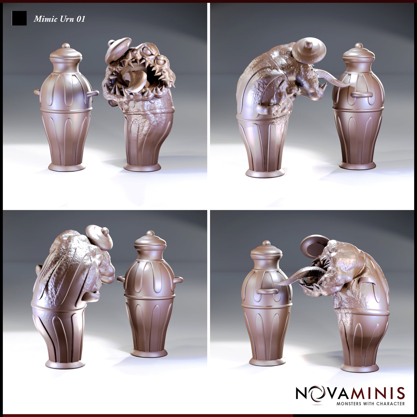 Novaminis Mimic Urn 01 shown from four angles: the elegant closed urn beside the attacking state, with the creature's broad toothed mouth open wide, warped organic body bursting from the fluted ceramic lower half.