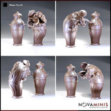 Novaminis Mimic Urn 01 shown from four angles: the elegant closed urn beside the attacking state, with the creature's broad toothed mouth open wide, warped organic body bursting from the fluted ceramic lower half.