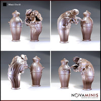 Novaminis Mimic Urn 01 shown from four angles: the elegant closed urn beside the attacking state, with the creature's broad toothed mouth open wide, warped organic body bursting from the fluted ceramic lower half.