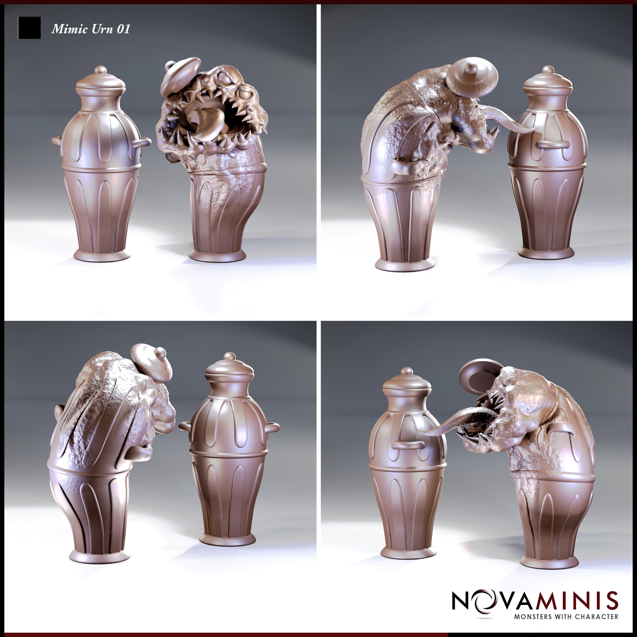 Novaminis Mimic Urn 01 shown from four angles: the elegant closed urn beside the attacking state, with the creature's broad toothed mouth open wide, warped organic body bursting from the fluted ceramic lower half.