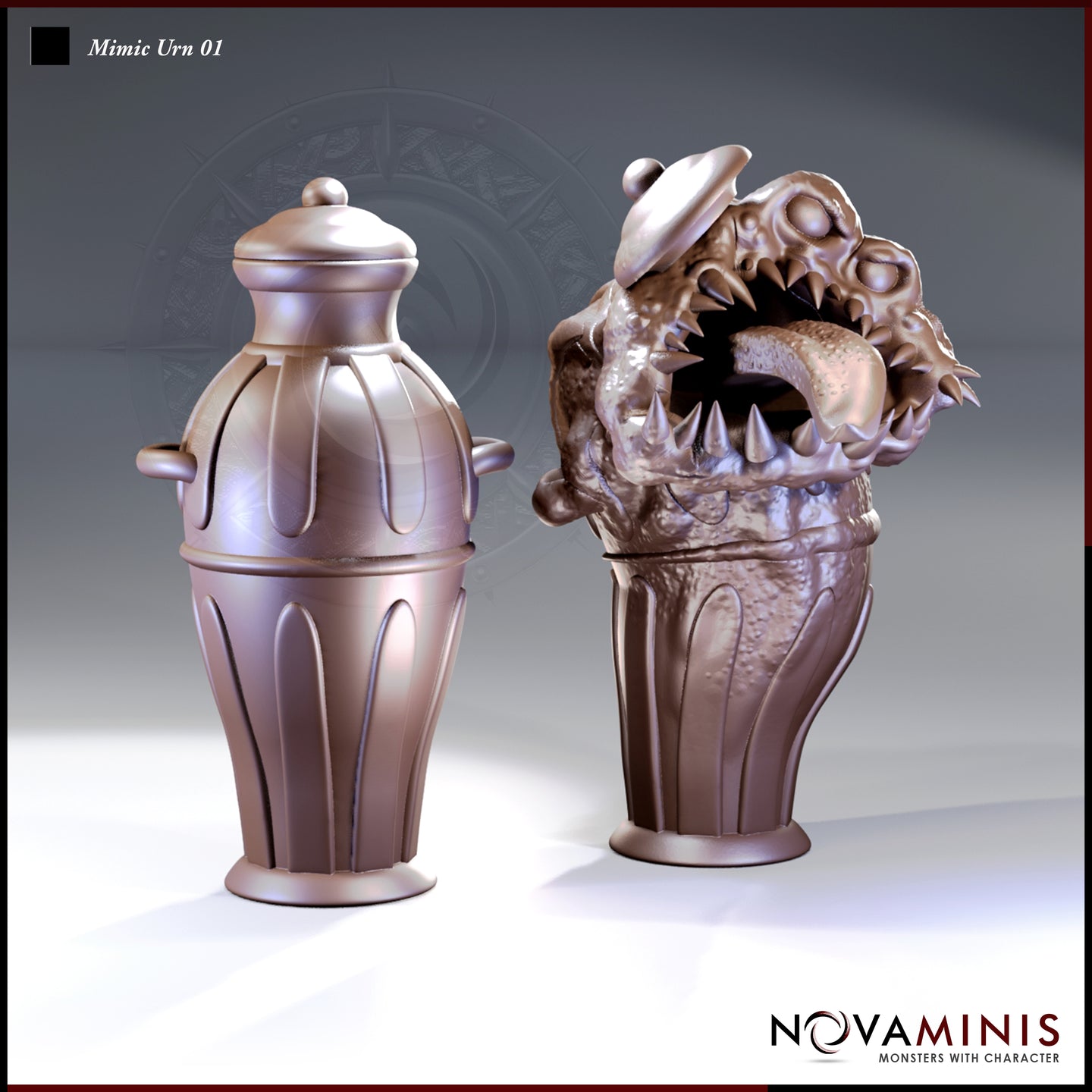 Novaminis Mimic Urn 01: left, an ornate lidded ceramic urn with fluted body and handles; right, the same urn mid-reveal with a gaping fanged maw, warty hide, and thick tongue erupting from the vessel.