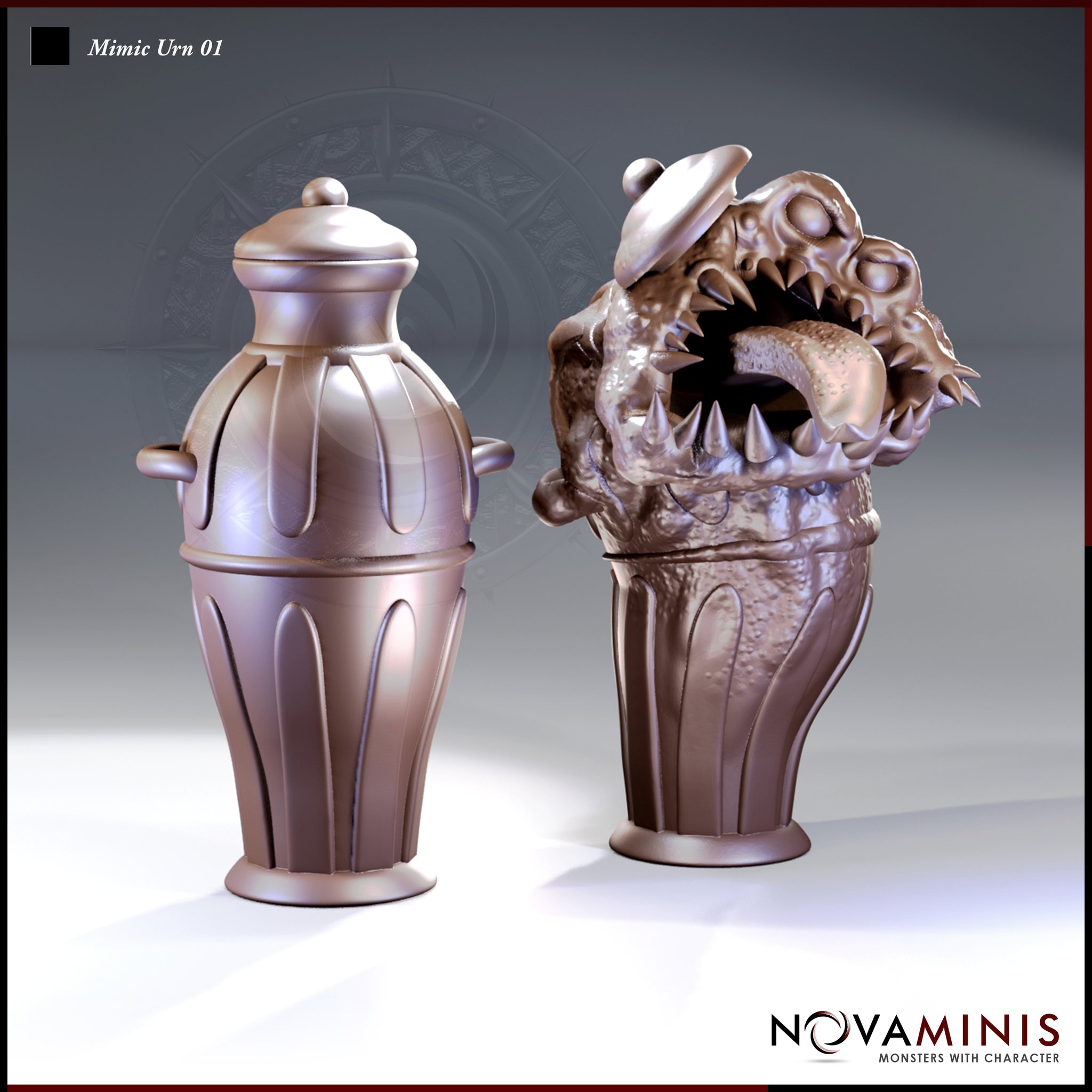 Novaminis Mimic Urn 01: left, an ornate lidded ceramic urn with fluted body and handles; right, the same urn mid-reveal with a gaping fanged maw, warty hide, and thick tongue erupting from the vessel.