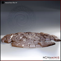 Novaminis Ruined Stone Floor 01 — a broad circular scatter terrain piece showing fractured flagstones, broken rubble, and deep cracks across a collapsed stone floor surface.
