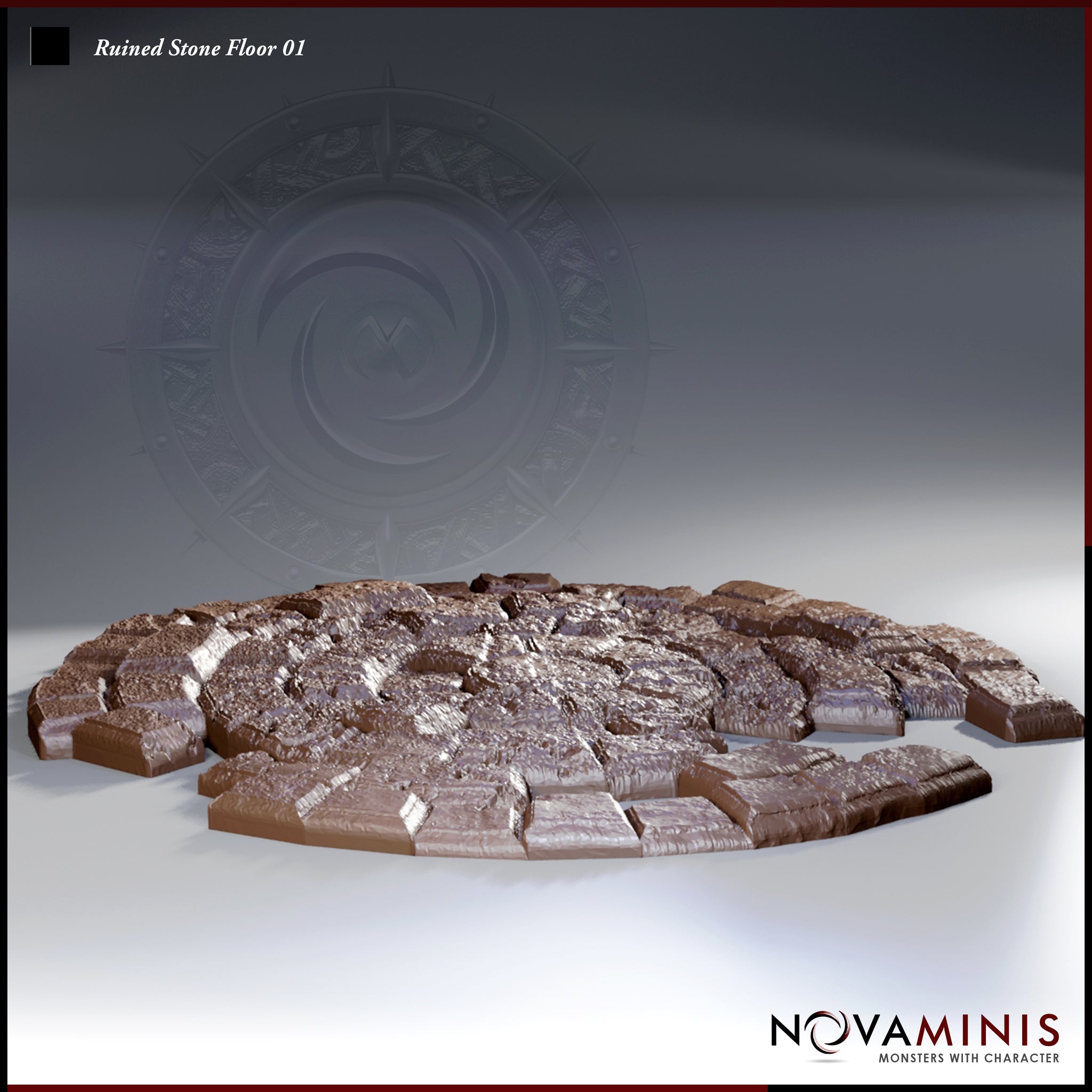 Novaminis Ruined Stone Floor 01 — a broad circular scatter terrain piece showing fractured flagstones, broken rubble, and deep cracks across a collapsed stone floor surface.