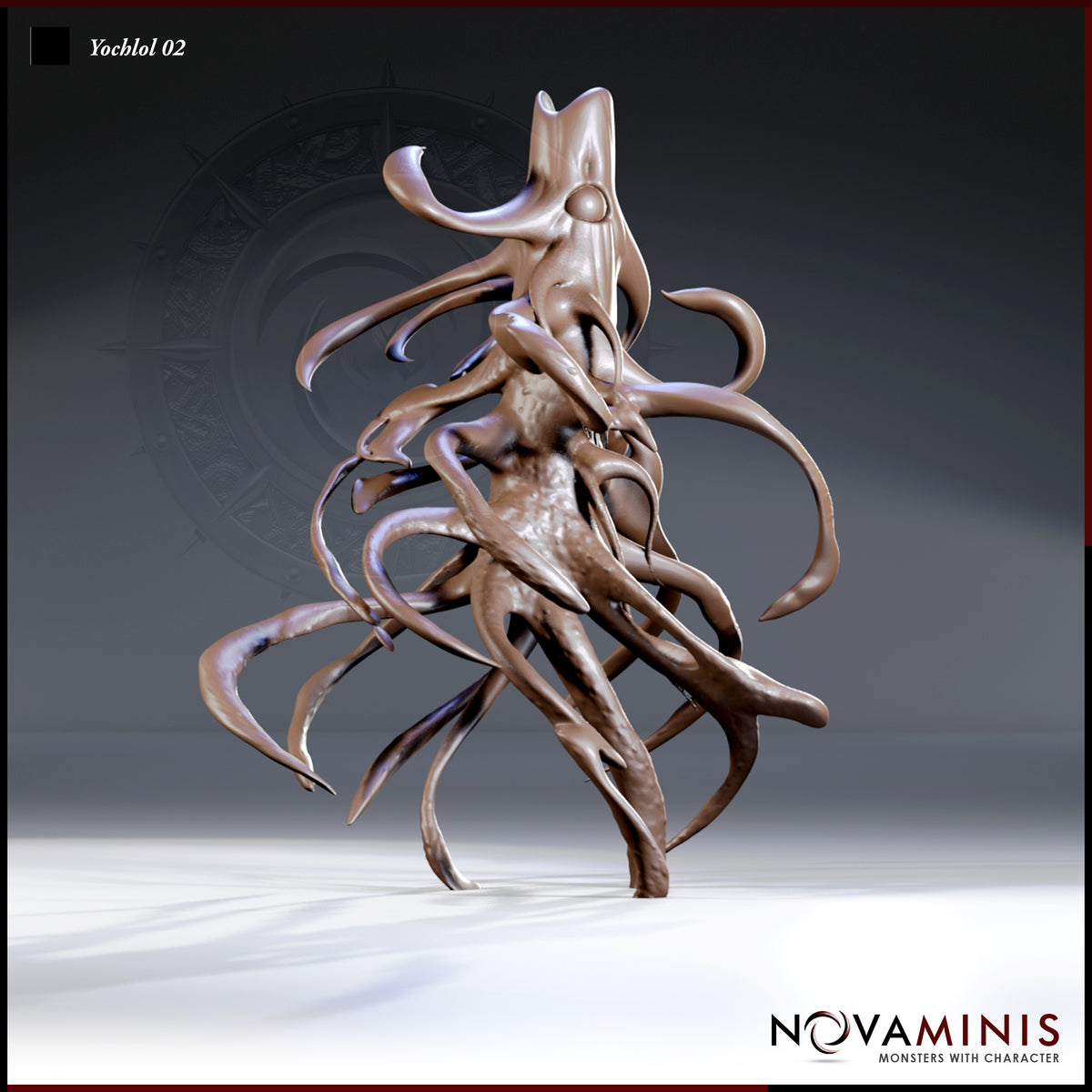 Yochlol 02 by Novaminis — a tentacled demonic creature with a smooth eyeless head-form rising above a mass of lashing, outward-reaching tendrils, the central body heavily textured and organic.