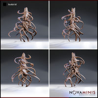 Yochlol 02 by Novaminis shown from four angles — front, rear, and two sides — revealing the full spread of sinuous tentacles radiating outward from a dense, textured central torso with a featureless cresting head.