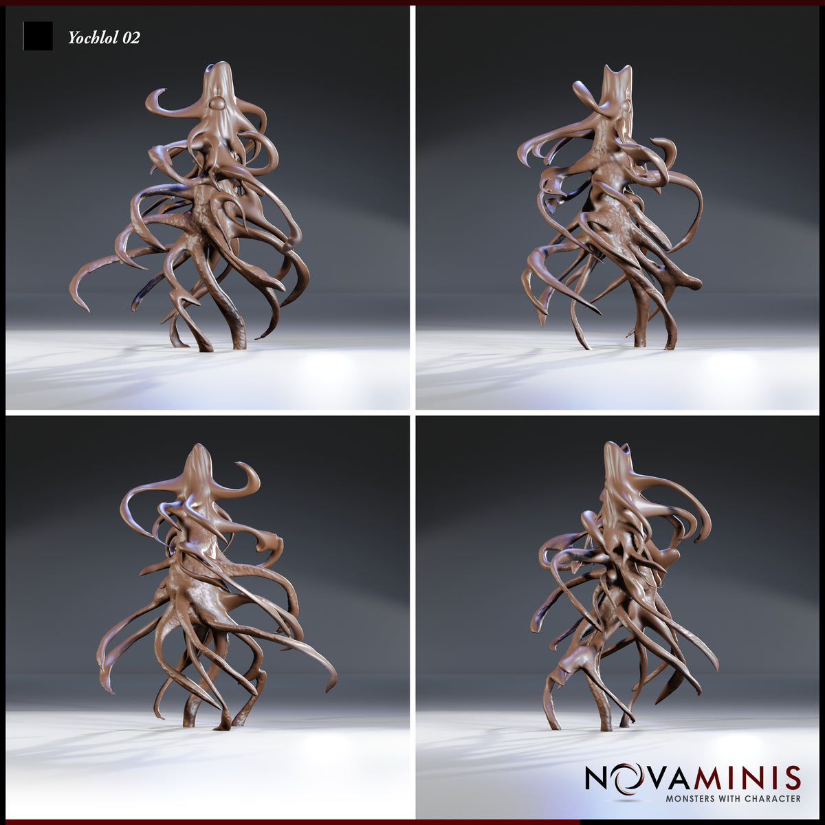 Yochlol 02 by Novaminis shown from four angles — front, rear, and two sides — revealing the full spread of sinuous tentacles radiating outward from a dense, textured central torso with a featureless cresting head.