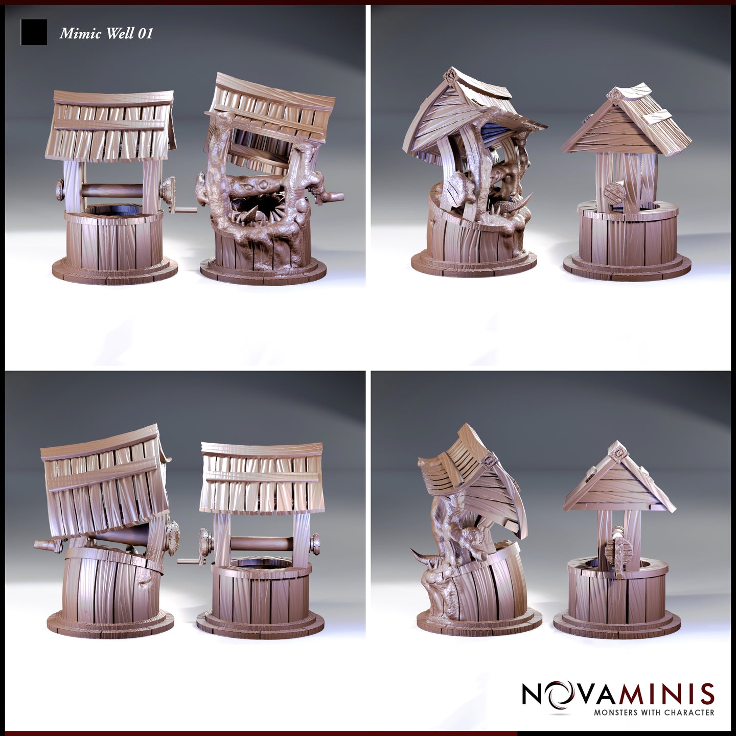 Four-panel render showing multiple angles of the Novaminis mimic well: dormant and revealed versions seen from the sides and rear, showing wood-grain barrel texture, the winding mechanism, and the erupting teeth and pseudopod limbs of the revealed sculpt.