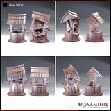 Four-panel render showing multiple angles of the Novaminis mimic well: dormant and revealed versions seen from the sides and rear, showing wood-grain barrel texture, the winding mechanism, and the erupting teeth and pseudopod limbs of the revealed sculpt.