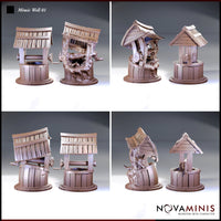 Four-panel render showing multiple angles of the Novaminis mimic well: dormant and revealed versions seen from the sides and rear, showing wood-grain barrel texture, the winding mechanism, and the erupting teeth and pseudopod limbs of the revealed sculpt.