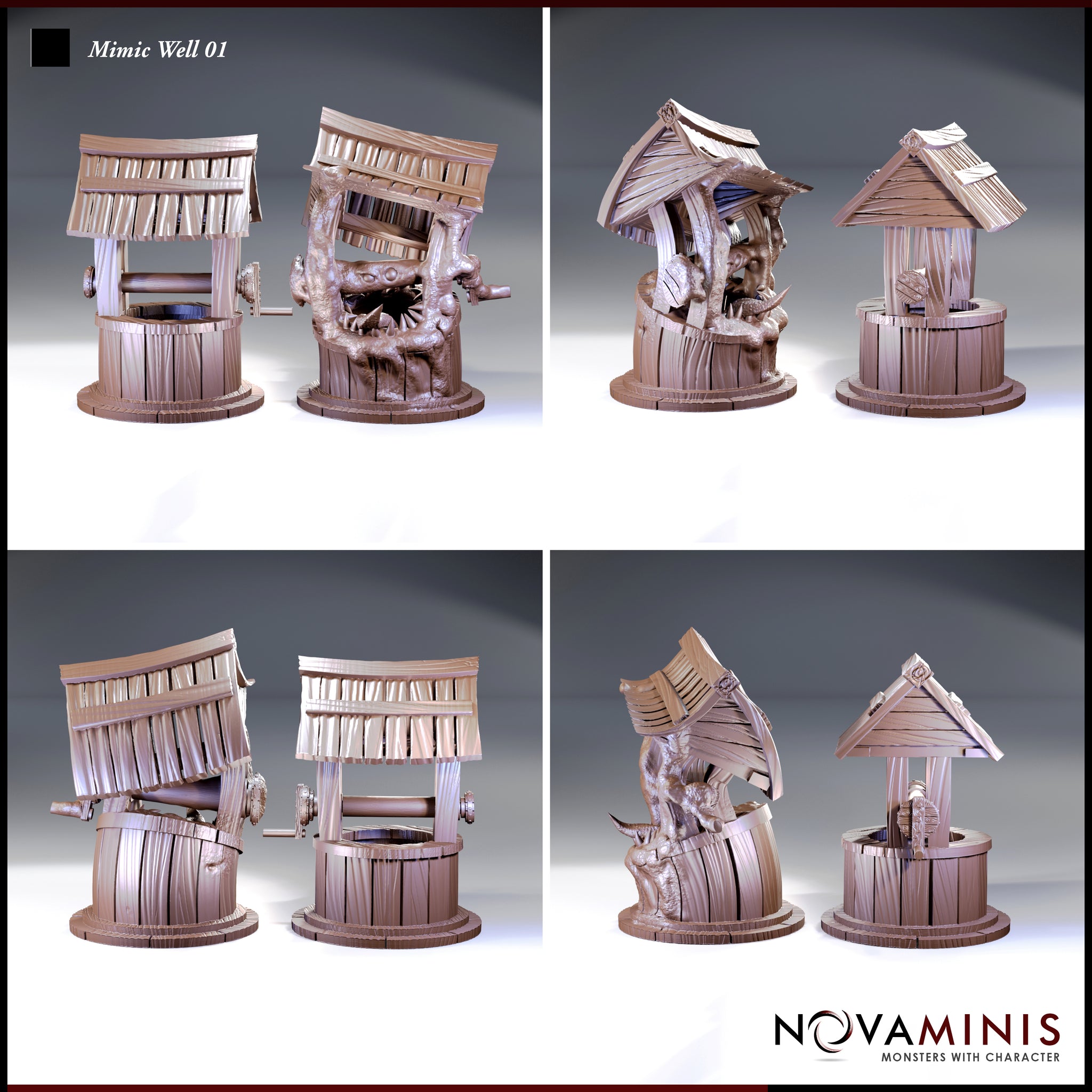 Four-panel render showing multiple angles of the Novaminis mimic well: dormant and revealed versions seen from the sides and rear, showing wood-grain barrel texture, the winding mechanism, and the erupting teeth and pseudopod limbs of the revealed sculpt.