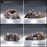 Novaminis Small Crater 04 shown from four angles: fractured rock walls, pitted crater interior with a darkened glassy centre, and irregular shard formations radiating outward from the basin.
