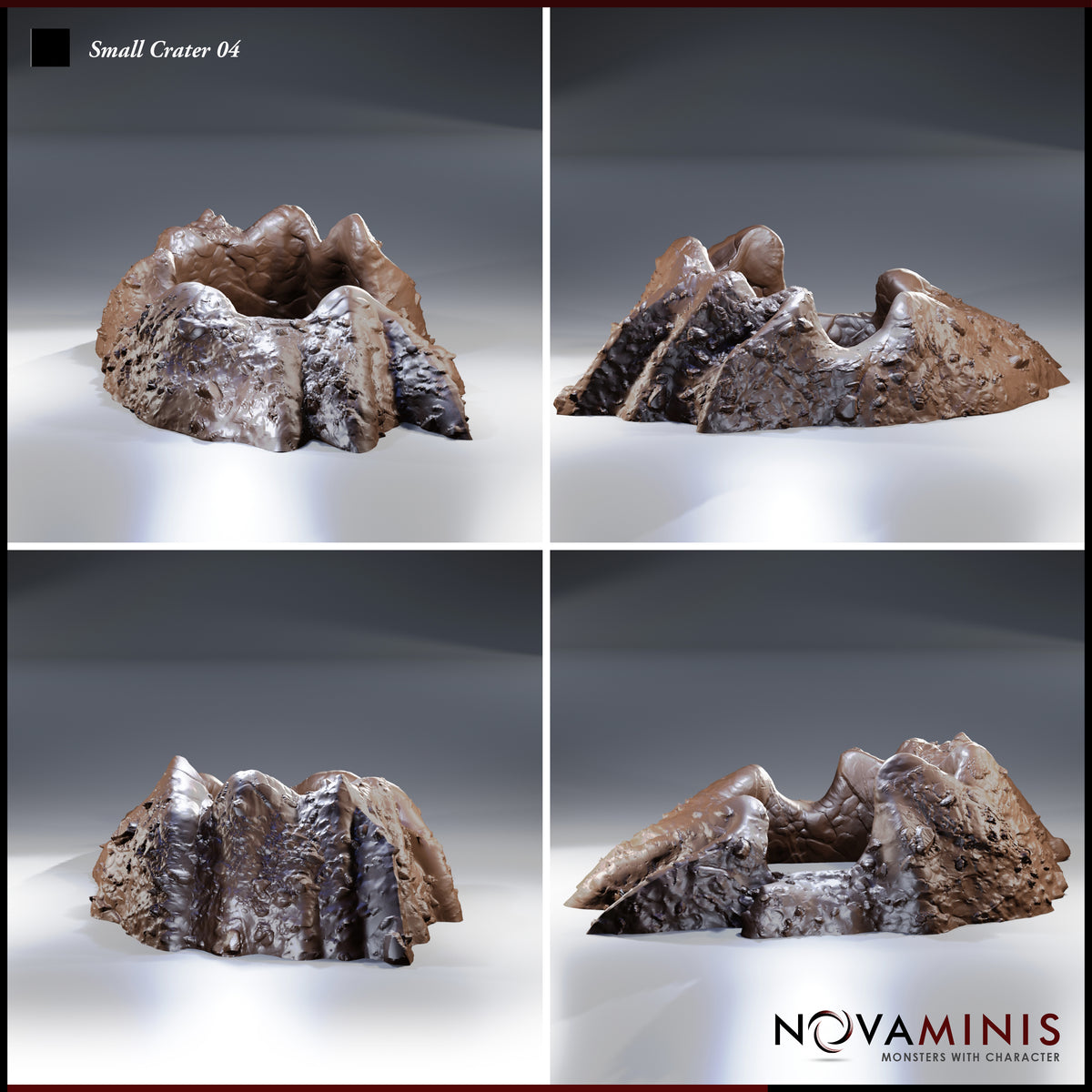 Novaminis Small Crater 04 shown from four angles: fractured rock walls, pitted crater interior with a darkened glassy centre, and irregular shard formations radiating outward from the basin.