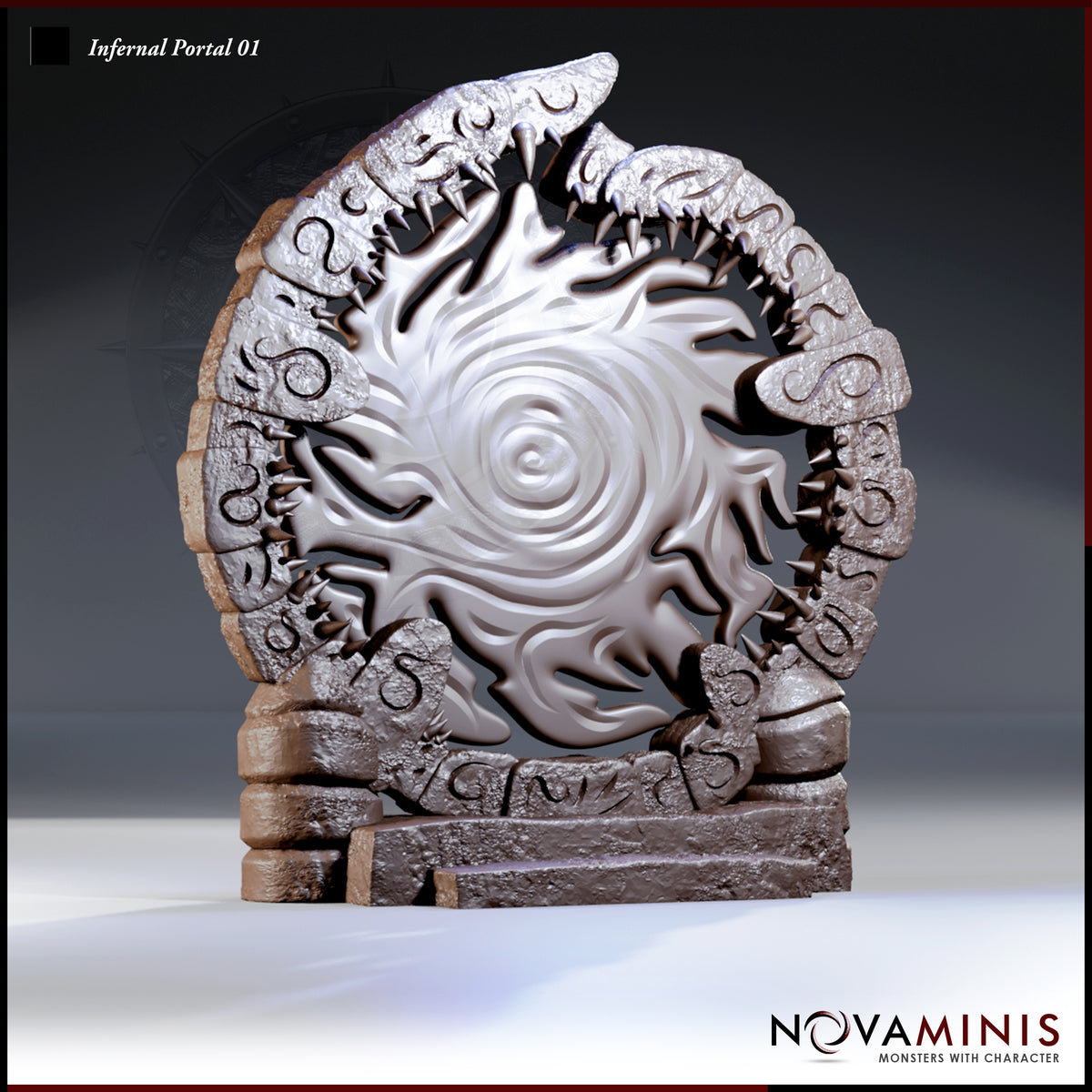 Circular stone arch terrain piece ringed with inward-facing fangs and infernal runes, enclosing a swirling flame-disc with a vortex eye at its centre, set on a carved rectangular stone plinth. Sculpt by Novaminis.