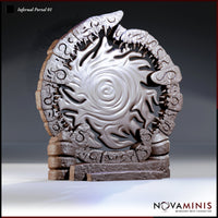 Circular stone arch terrain piece ringed with inward-facing fangs and infernal runes, enclosing a swirling flame-disc with a vortex eye at its centre, set on a carved rectangular stone plinth. Sculpt by Novaminis.