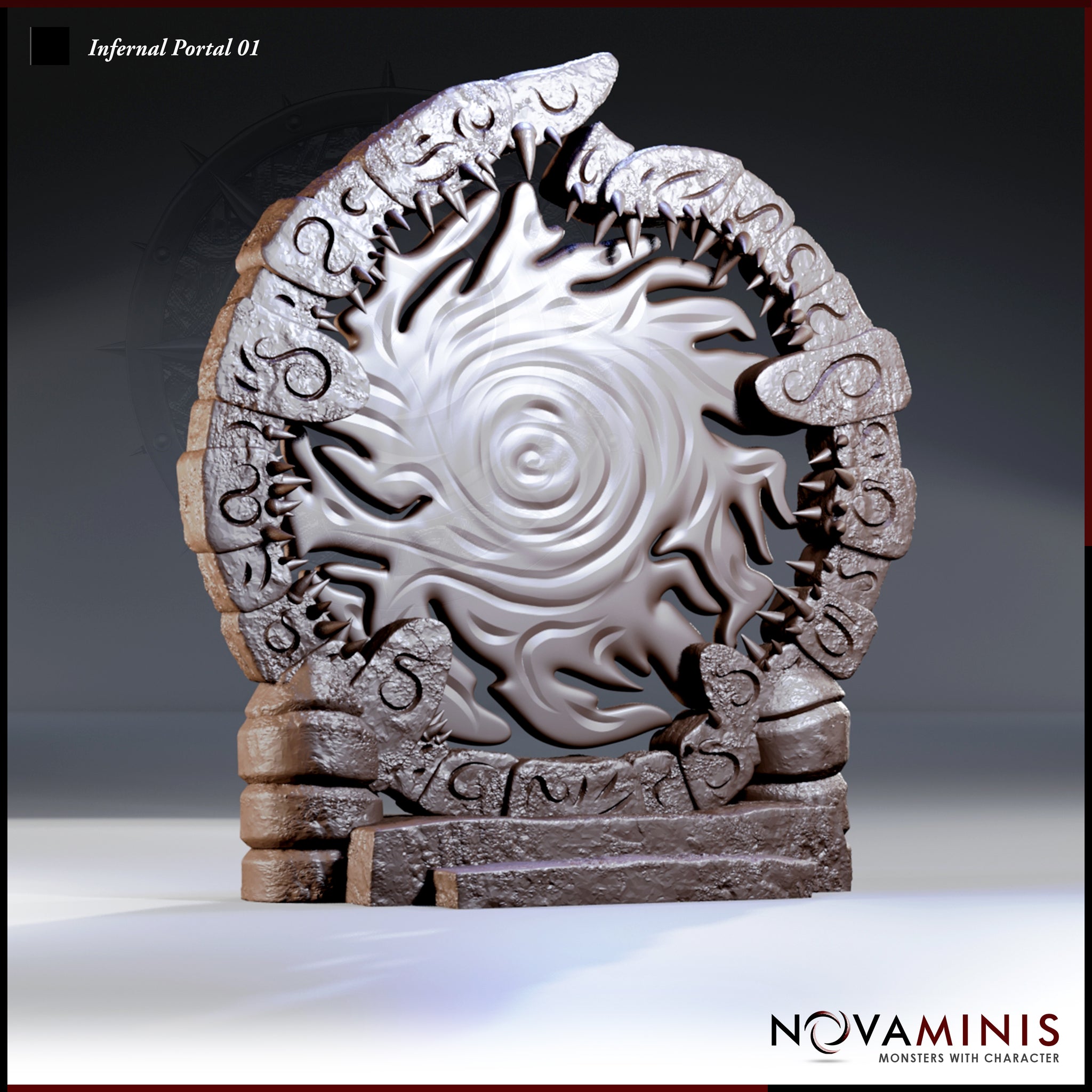 Circular stone arch terrain piece ringed with inward-facing fangs and infernal runes, enclosing a swirling flame-disc with a vortex eye at its centre, set on a carved rectangular stone plinth. Sculpt by Novaminis.