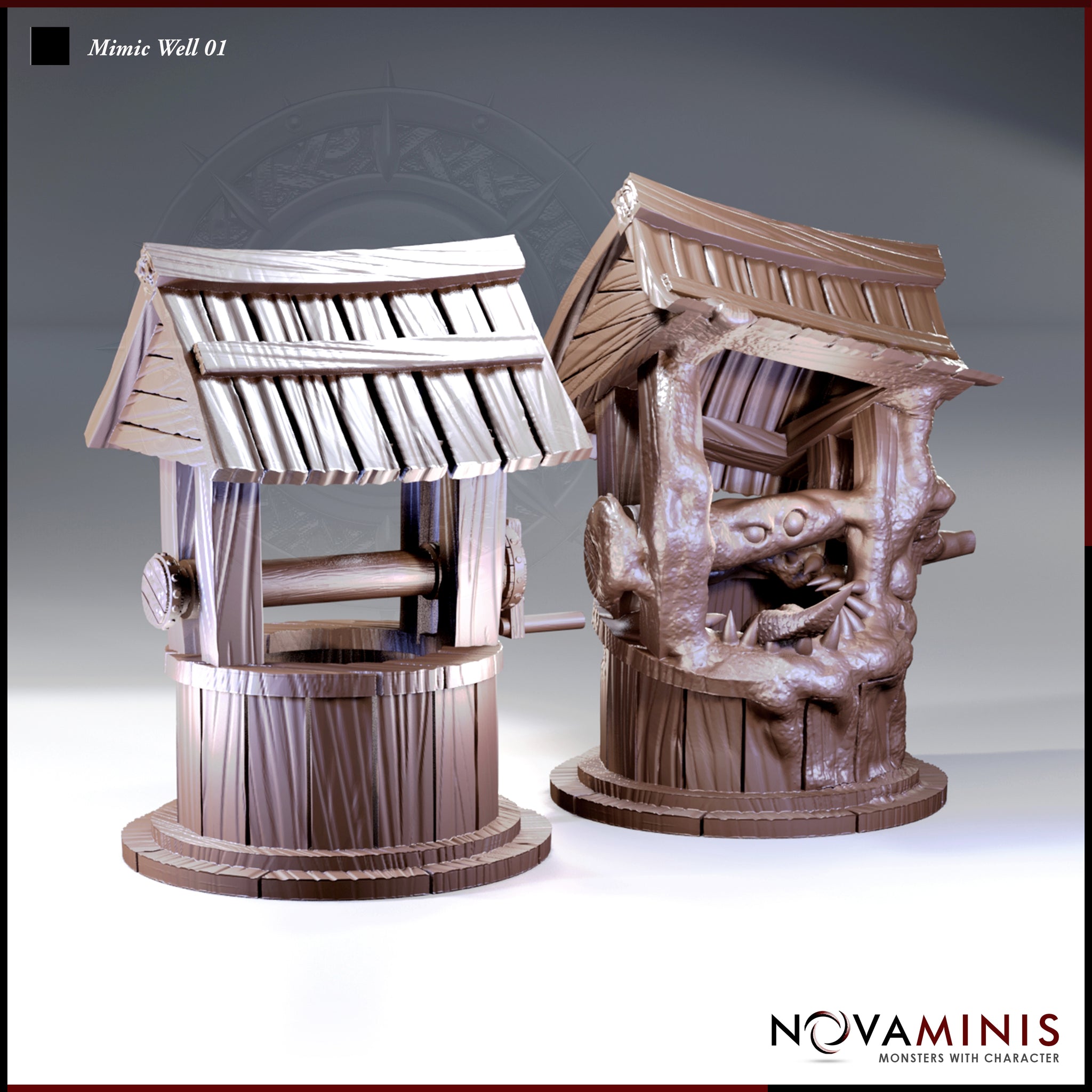 Two mimic well miniatures side by side: left is the dormant disguise state with neat thatched roof and intact barrel body; right is the revealed attacking state with buckled sides, gaping toothed maw, bulging eyes, and warped roof. Sculpt by Novaminis.