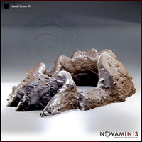 Novaminis Small Crater 04 terrain piece: a wide, low-profile impact crater with jagged upthrust rock shards at the front and a rounded rubble rim enclosing a hollow interior.