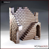 Novaminis Tall Ruins 04 — large corner tower ruin with intact stepped battlements, interior stone staircase, and two gothic arched doorways. Deep coursed brickwork throughout.