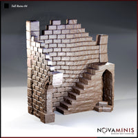 Novaminis Tall Ruins 04 — large corner tower ruin with intact stepped battlements, interior stone staircase, and two gothic arched doorways. Deep coursed brickwork throughout.
