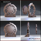 Infernal portal terrain piece shown disassembled — the fanged stone arch separated from the swirling disc insert, displaying the layered rune carvings along the arch exterior and the spiral relief on the disc face. Sculpt by Novaminis.