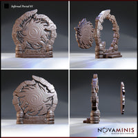 Infernal portal terrain piece shown disassembled — the fanged stone arch separated from the swirling disc insert, displaying the layered rune carvings along the arch exterior and the spiral relief on the disc face. Sculpt by Novaminis.