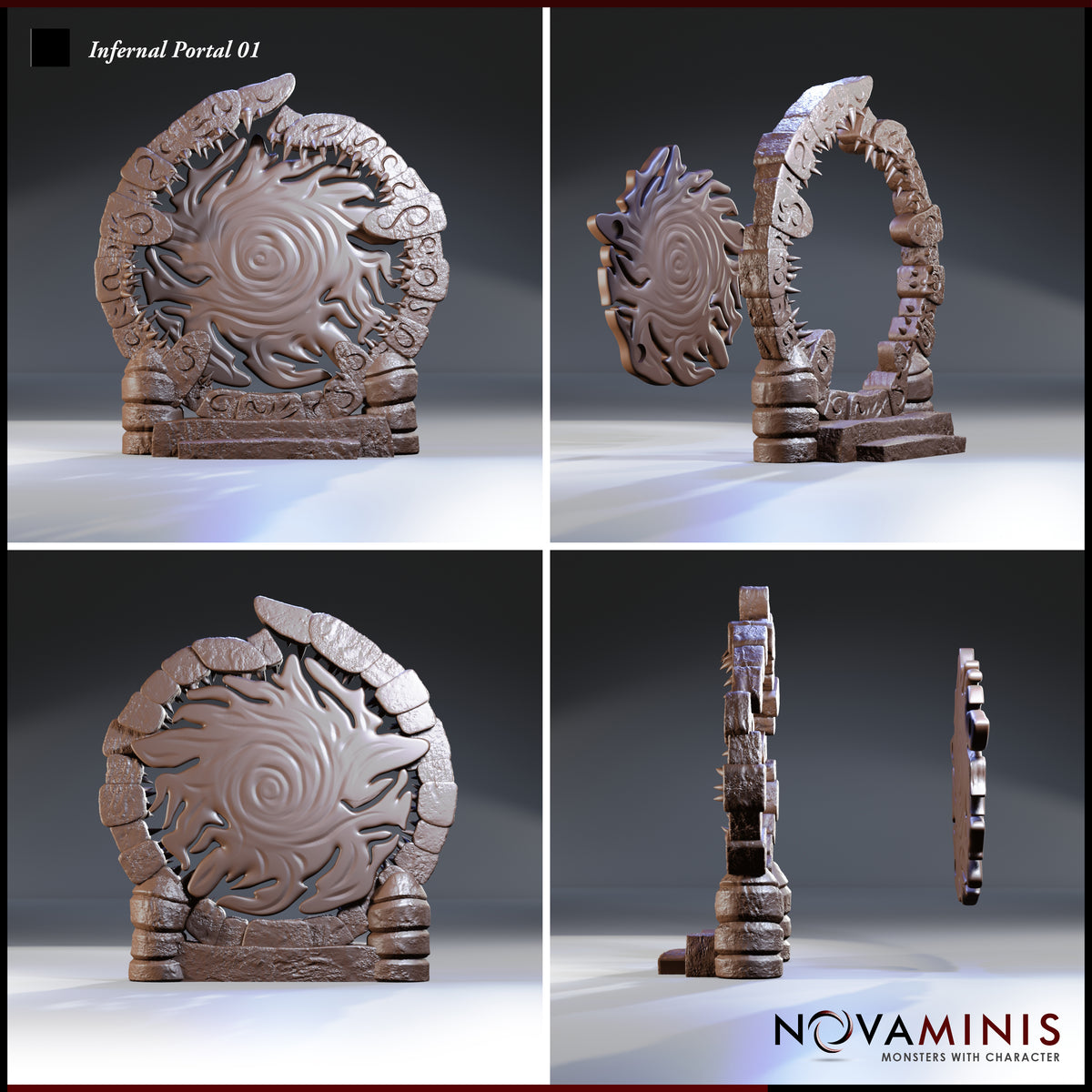 Infernal portal terrain piece shown disassembled — the fanged stone arch separated from the swirling disc insert, displaying the layered rune carvings along the arch exterior and the spiral relief on the disc face. Sculpt by Novaminis.