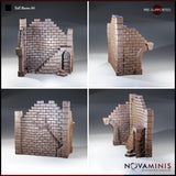 Novaminis Tall Ruins 04 shown as four separate terrain pieces: a corner section, a cracked interior wall, an arched doorway section, and a staircase-bearing wall, arranged individually.