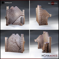 Novaminis Tall Ruins 04 shown as four separate terrain pieces: a corner section, a cracked interior wall, an arched doorway section, and a staircase-bearing wall, arranged individually.