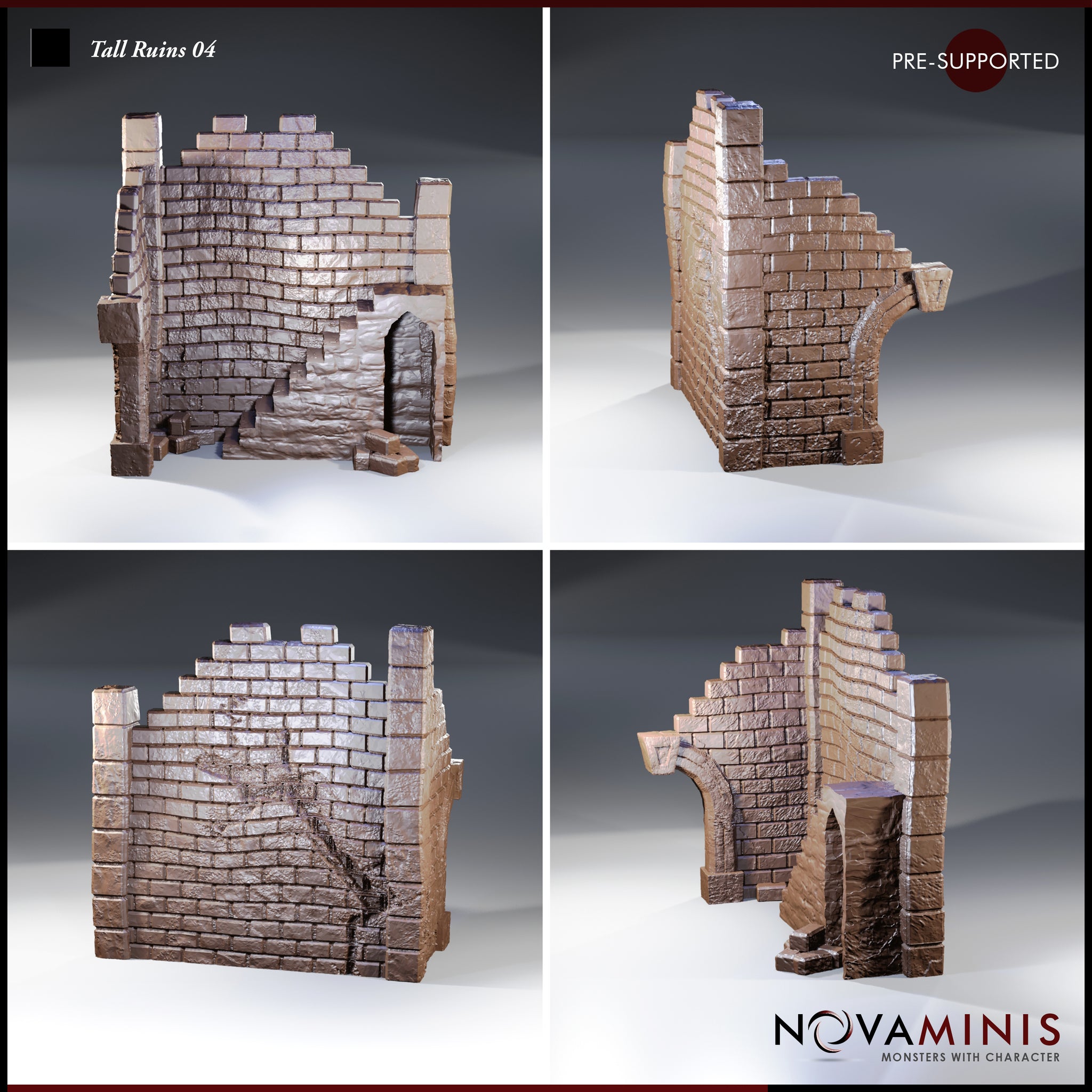 Novaminis Tall Ruins 04 shown as four separate terrain pieces: a corner section, a cracked interior wall, an arched doorway section, and a staircase-bearing wall, arranged individually.