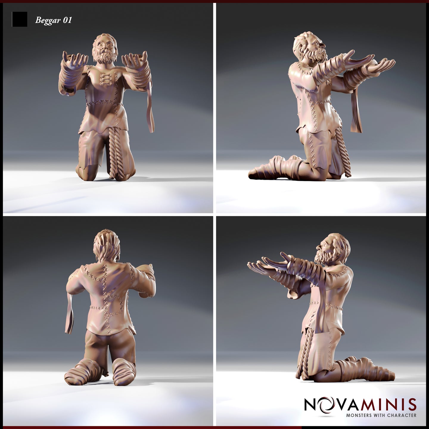 Novaminis Beggar 01 resin miniature render shown from four angles — front, side, back, and three-quarter view — highlighting the stitched cross-pattern clothing, knotted rope belt, bare knees, and wrapped forearms of the kneeling male beggar