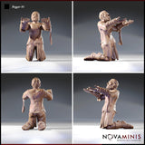 Novaminis Beggar 01 resin miniature render shown from four angles — front, side, back, and three-quarter view — highlighting the stitched cross-pattern clothing, knotted rope belt, bare knees, and wrapped forearms of the kneeling male beggar