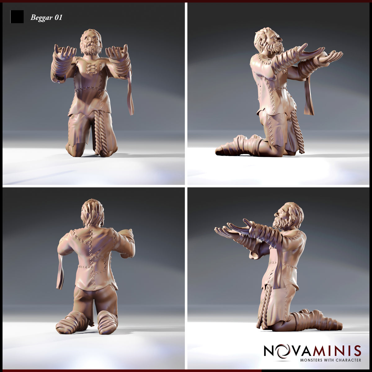 Four-angle digital render of Beggar 01 by Novaminis showing front, side, back, and three-quarter views — the back view reveals cross-stitch detailing on the coat, the side view shows the profile of the outstretched arms, and the three-quarter view highlights the rope belt and layered cloth wrappings