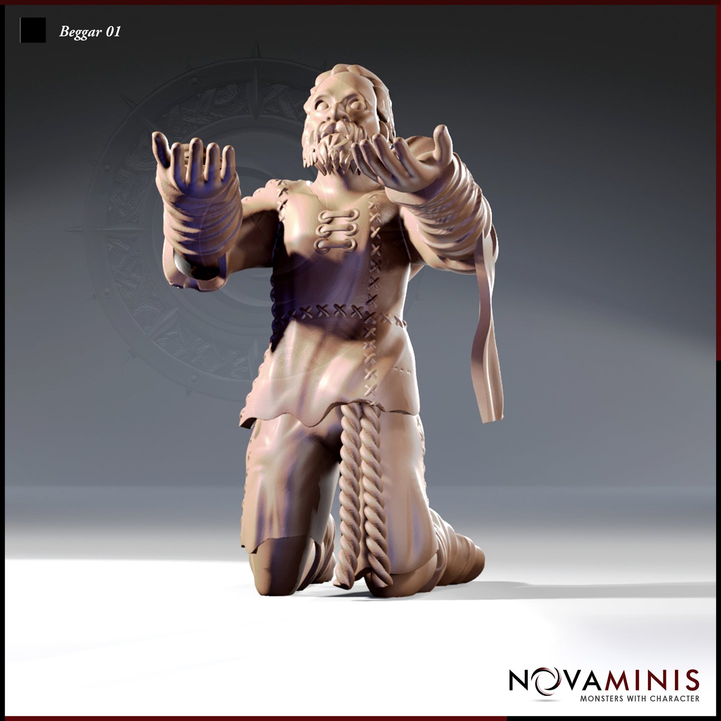 Novaminis Beggar 01 resin miniature render — bearded male figure kneeling with both arms raised and hands spread wide, wearing a stitched leather jerkin, rope belt, and linen-wrapped forearms, shown from the front at 32mm scale