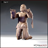 Novaminis Beggar 01 resin miniature render — bearded male figure kneeling with both arms raised and hands spread wide, wearing a stitched leather jerkin, rope belt, and linen-wrapped forearms, shown from the front at 32mm scale