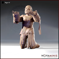 Novaminis Beggar 01 resin miniature render — bearded male figure kneeling with both arms raised and hands spread wide, wearing a stitched leather jerkin, rope belt, and linen-wrapped forearms, shown from the front at 32mm scale