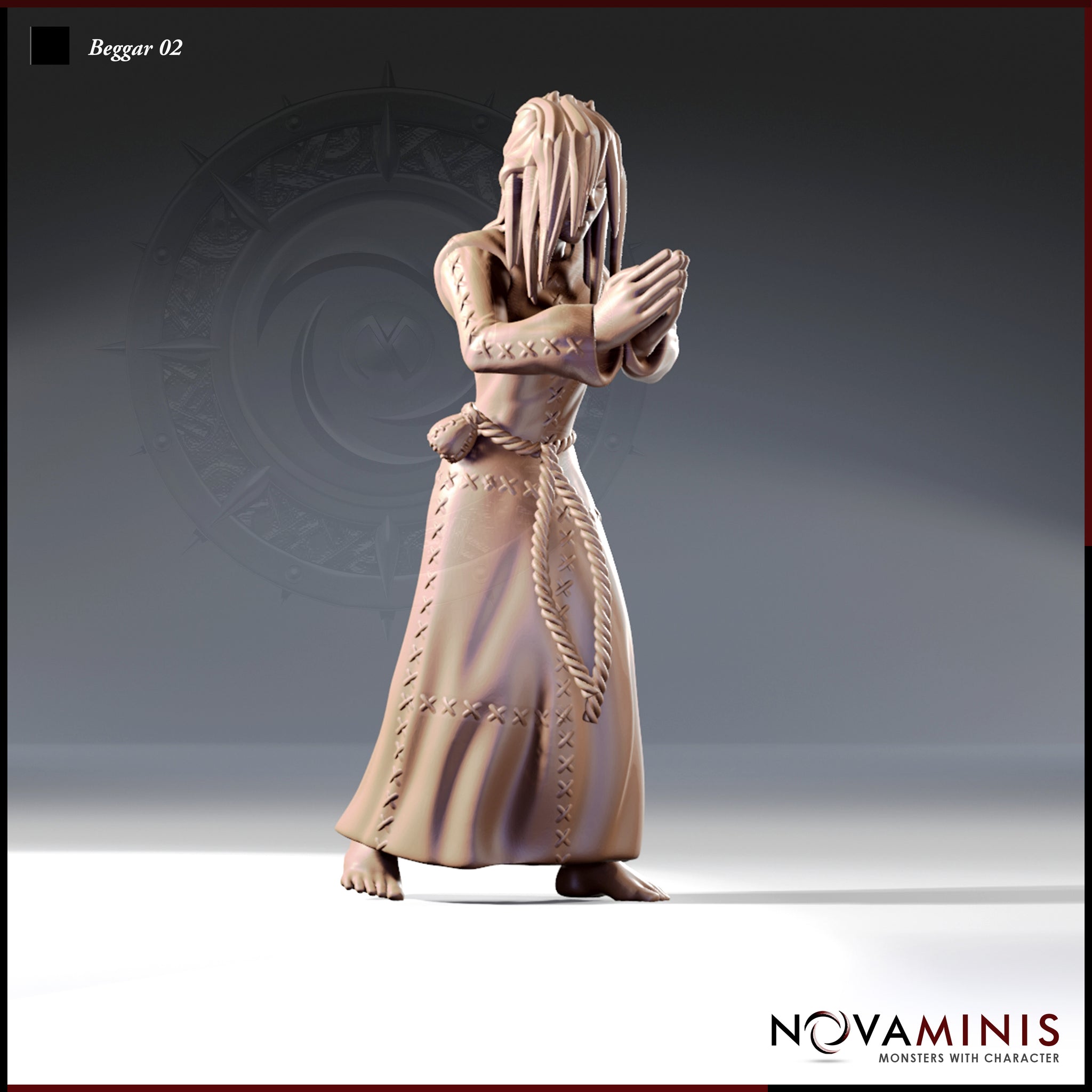Three-quarter view of an unpainted 32mm resin miniature of a barefoot female beggar in a long patchwork robe with cross-stitch seam detail, rope belt, and long matted hair covering her face, hands pressed together at chest height in a pleading or praying gesture
