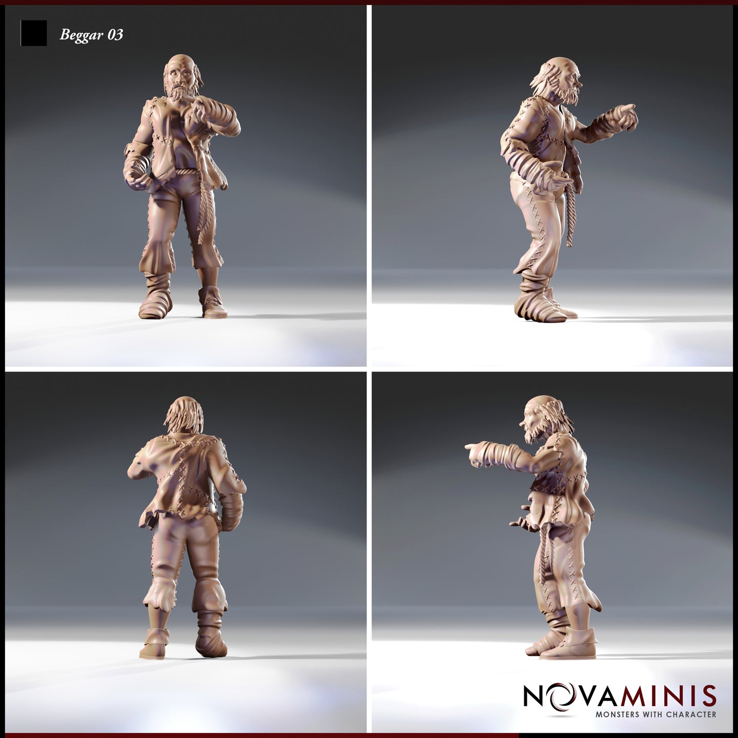 Four-angle digital render of Beggar 03 by Novaminis showing front, side, back, and angled views — bald male NPC in patched rags with forearm wrappings, extended pointing gesture, stitched trousers, and mismatched footwear, displayed unpainted in neutral resin tone