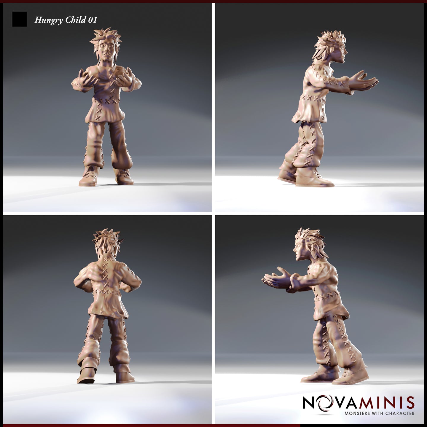 Four-angle digital render of Hungry Child 01 miniature showing front, side, back, and three-quarter views — bare-chested male figure with spiky hair, raised reaching arms, crude cross-stitch detailing on clothing, unpainted resin