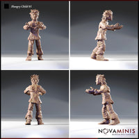 Four-angle digital render of Hungry Child 01 miniature showing front, side, back, and three-quarter views — bare-chested male figure with spiky hair, raised reaching arms, crude cross-stitch detailing on clothing, unpainted resin