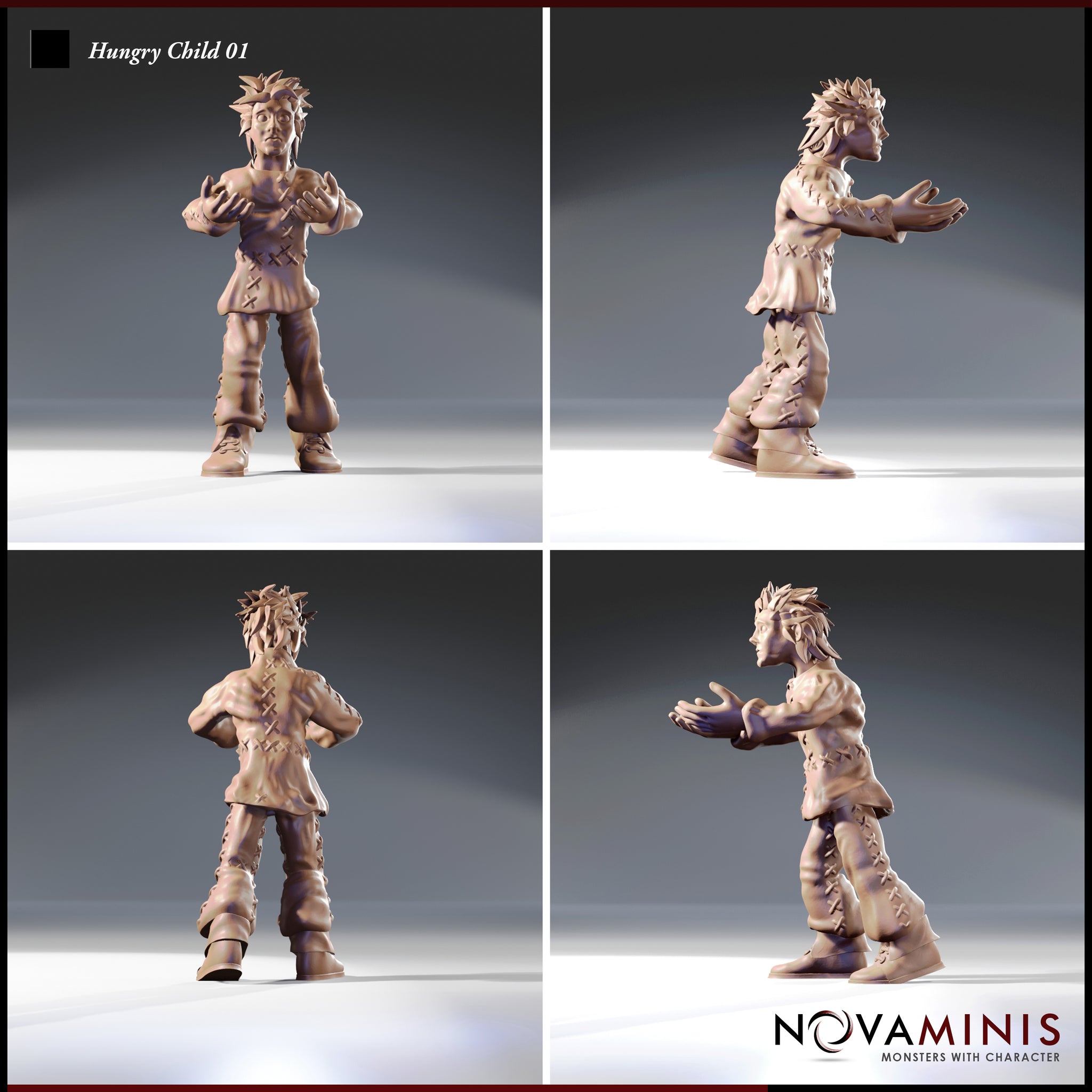 Four-angle digital render of Hungry Child 01 miniature showing front, side, back, and three-quarter views — bare-chested male figure with spiky hair, raised reaching arms, crude cross-stitch detailing on clothing, unpainted resin